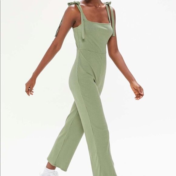 Urban Outfitters Erin Ribbed Tie Shoulder Jumpsuit Green Small - Picture 3 of 9